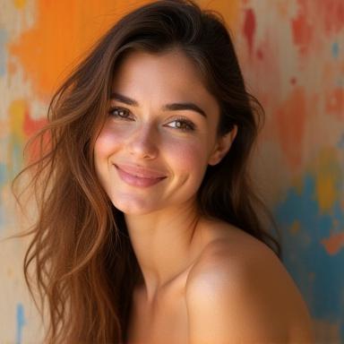 Ritratto di Elara Rossi, giovane artista italiana, con un sorriso e uno sfondo astratto del suo lavoro