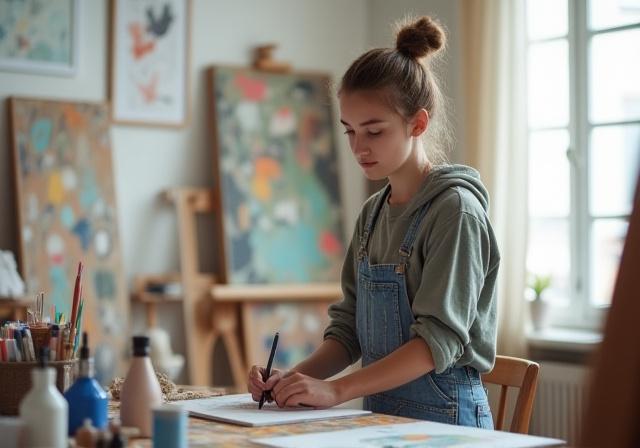 Un artista al lavoro nel suo studio, con vari dipinti in background