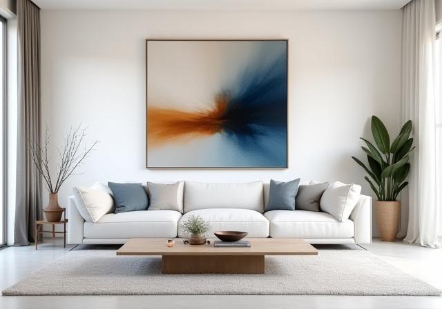 Un elegante salotto con un'opera d'arte moderna appesa alla parete