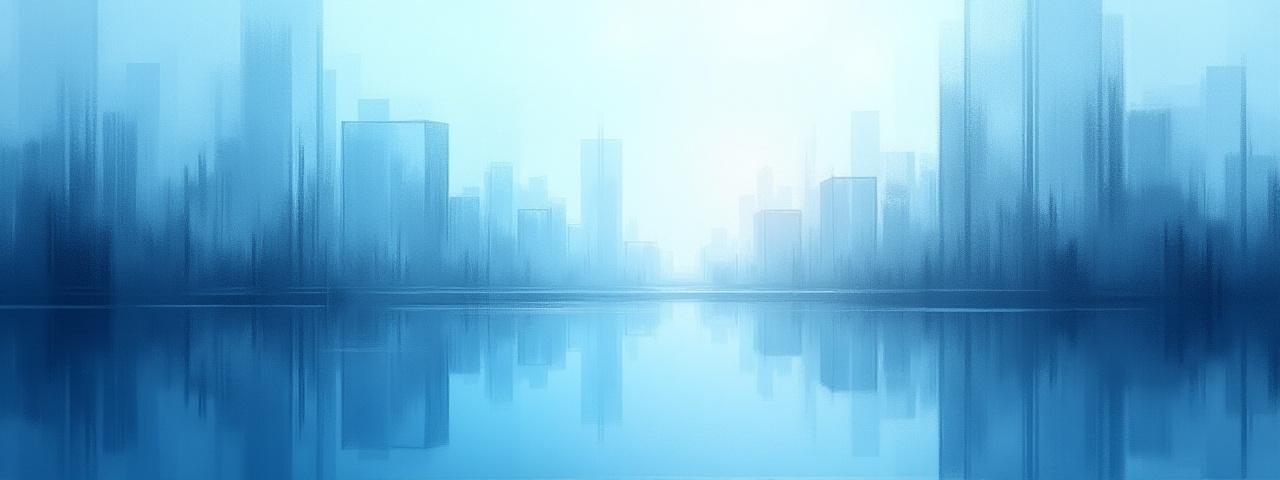 Banner della collezione 'Riflessi Urbani', un dipinto astratto con sfumature di blu e grigio.