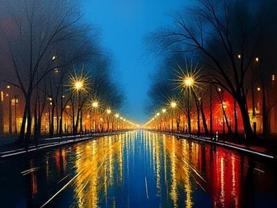 Quadro astratto 'Notte in Città' con tonalità scure e sprazzi di luce.