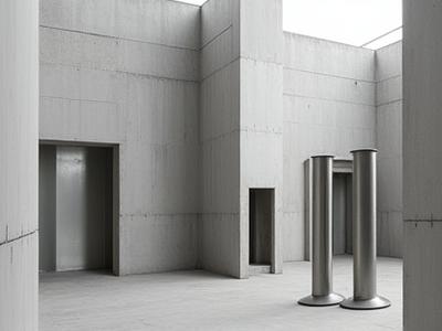 Installazione artistica moderna 'Echi Urbani' con elementi metallici e cemento.