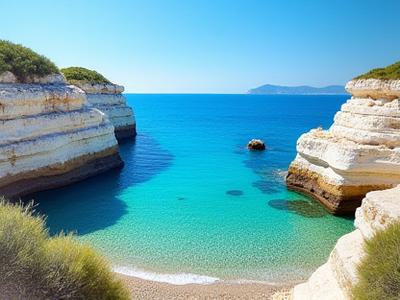 Dipinto ad olio di un paesaggio costiero della Puglia, con rocce e mare cristallino.