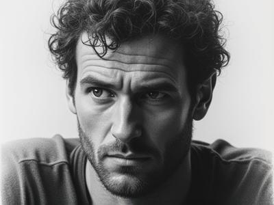 Ritrattato a carboncino di un uomo pensieroso con espressione intensa.