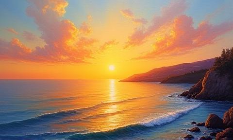 Dipinto intitolato 'Alba sul Mare' dell'artista Maria Rossi, stile impressionista