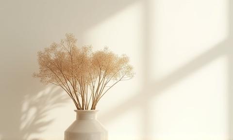 Fotografia artistica di un vaso di fiori essiccati su uno sfondo minimalista, con ombre lunghe e toni neutri, dell'artista Marco Levi