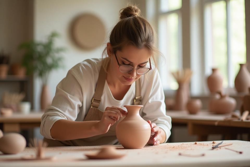 Scultore che lavora su un pezzo d'arte in uno studio luminoso