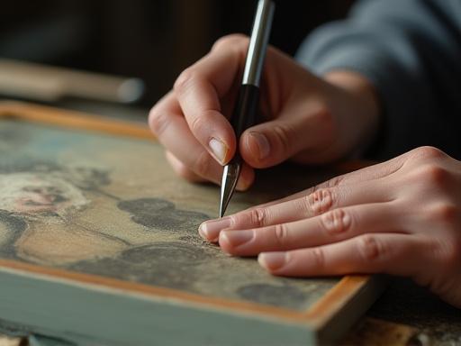 Mani di un restauratore professionista che lavorano delicatamente su un vecchio dipinto.